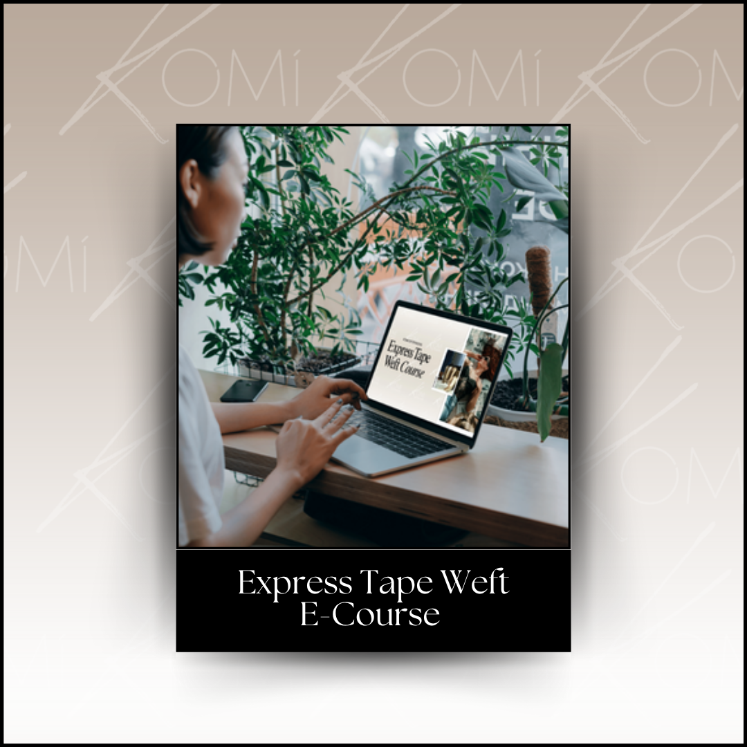 Person using a laptop with 'Express Tape Weft E-Course' text overlay