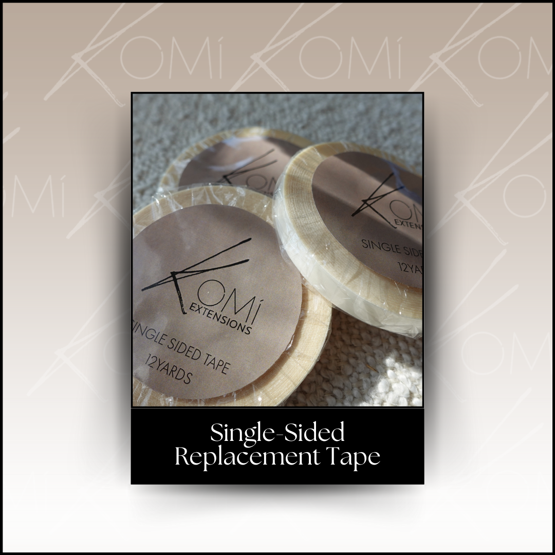 Komi Extensions Single-Sided Replacement Tape cover graphic featuring rolls of professional hair extension tape.