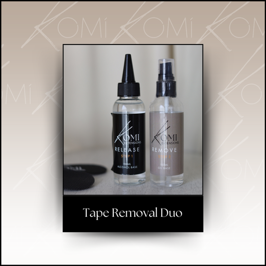 Two bottles labeled 'Release' and 'Remove' from Komi, with a neutral background.