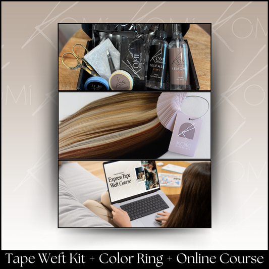 Komi Extensions Tape Weft Kit, Color Ring, and Online Course cover graphic showing extension tools, color samples, and training.