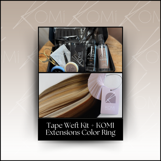 Komi Extensions Tape Weft Kit with Color Ring cover graphic featuring extension tools, products, and hair color samples.
