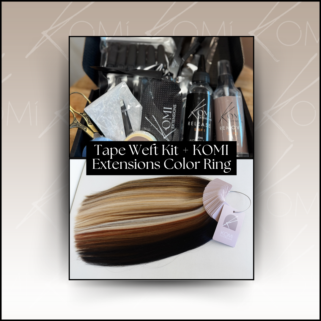 Komi Extensions Tape Weft Kit and Color Ring cover design showing professional extension tools and hair samples.