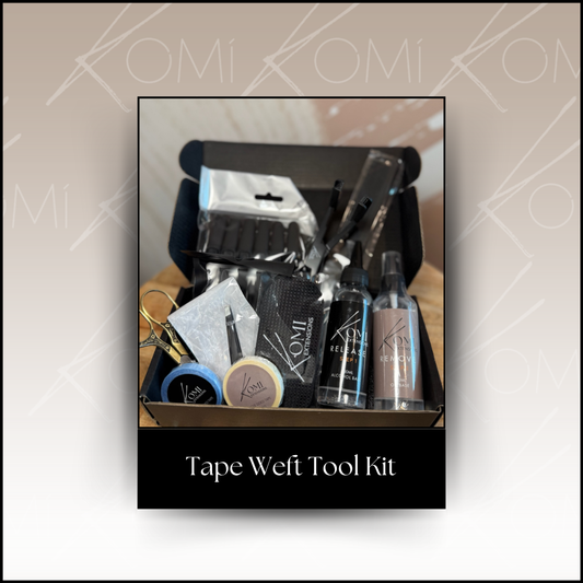 Komi Extensions Tape Weft Tool Kit cover graphic featuring open kit with sprays, tapes, and extension tools.